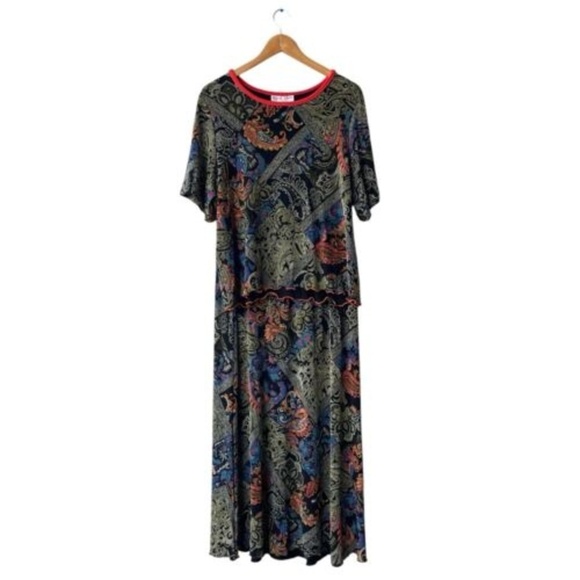NICOLE MARIE Paisley Slinky Skirt Set XL Multicolor Short Sleeve Relaxed Outfit - Picture 3 of 6